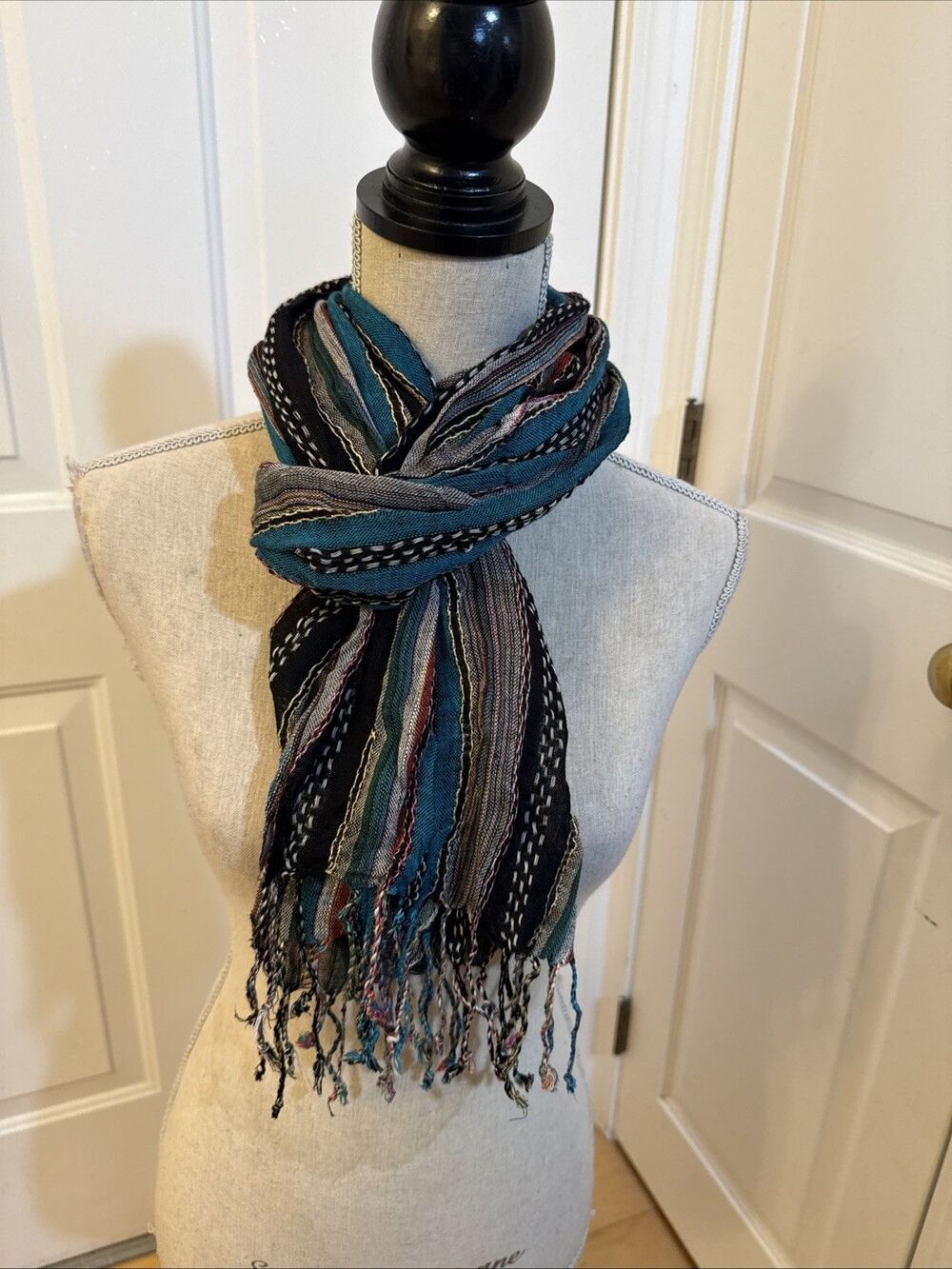SOUTHWEST STRIPED SCARF Joy Susan 100% Rayon Aqua Blue Long Scarf